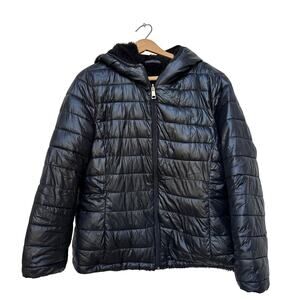 Andrew Marc Black Puffer Jacket Faux Fur Lined Hooded Coat Size L